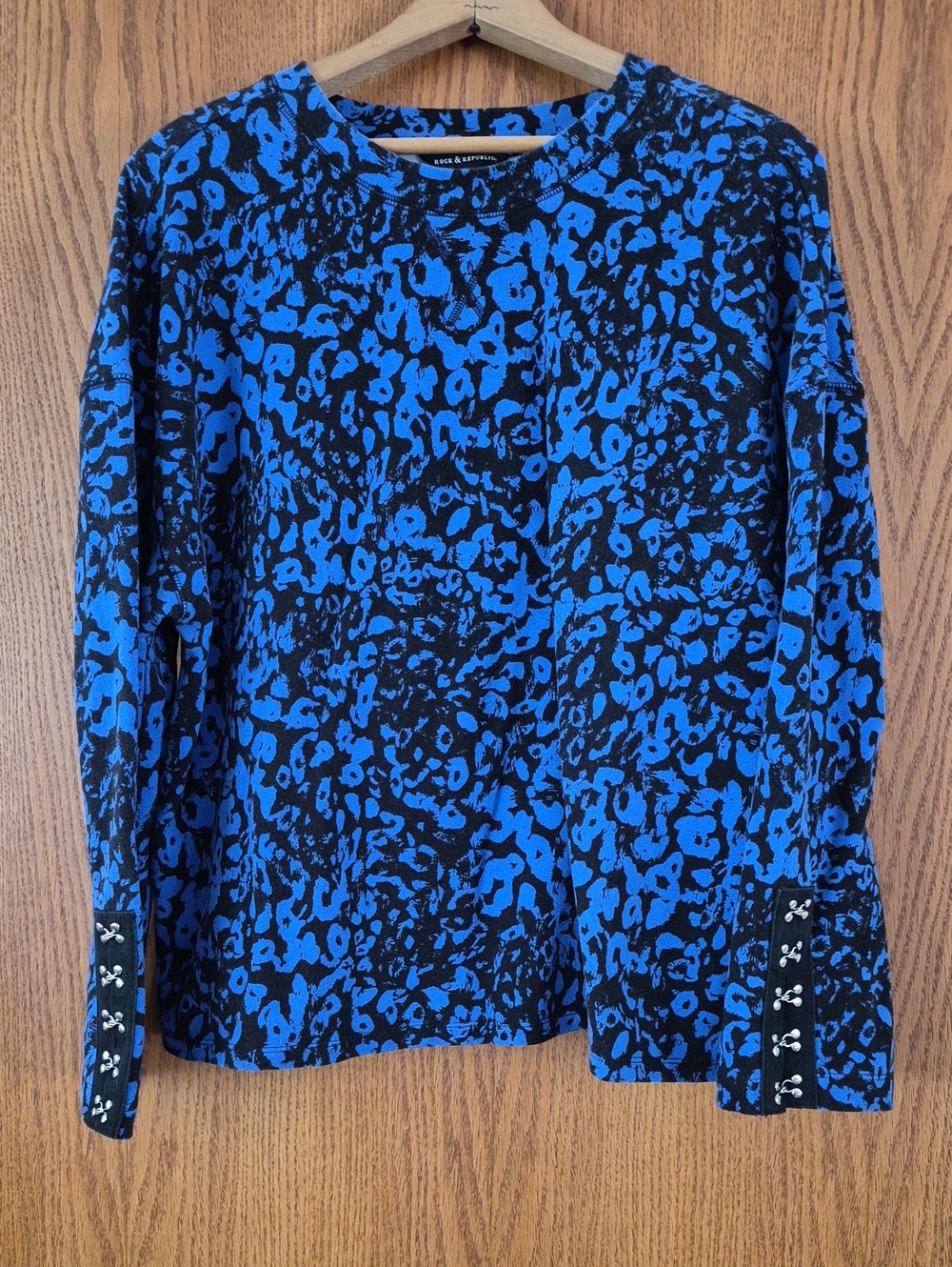Rock & Republic Blue Black Animal Print Crewneck Sweatshirt Sz XL
